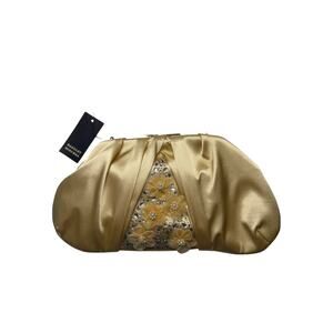Badgley Mischka Gold Floral Satin Crossbody Clutch – Crystal & Pearl Embellished